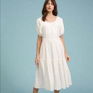 Lucy Paris Bright White Maddox Tiered Puff Sleeve Midi Dress